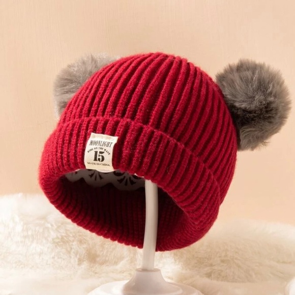 Red Toddler Pom Pom Beanie - Picture 2 of 4